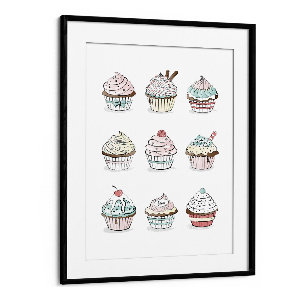 Cupcakes by Martina Kitchen Art Prints in Black Frame With Mount