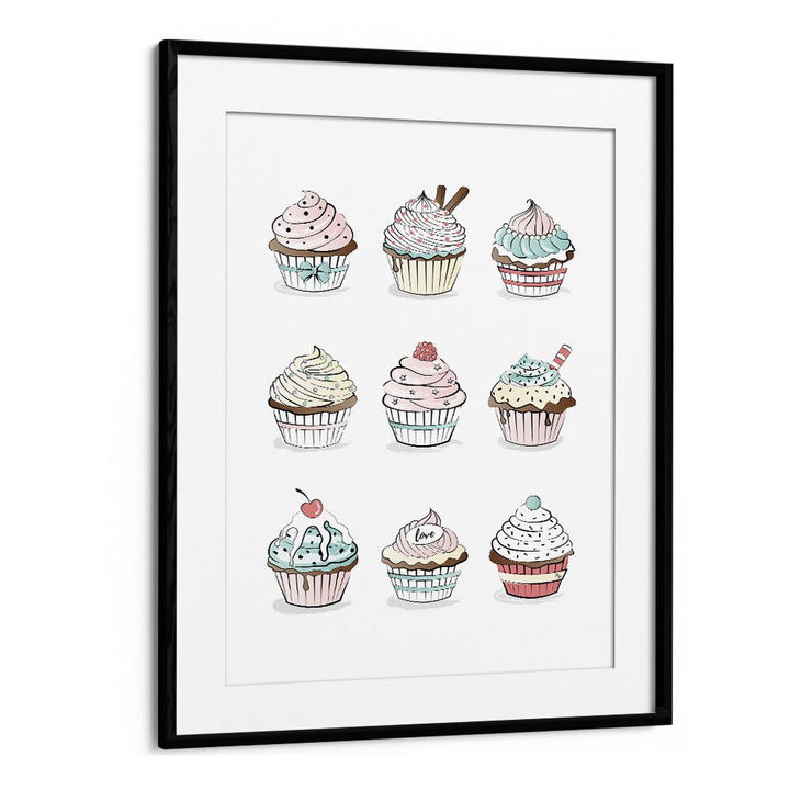 Cupcakes by Martina Kitchen Art Prints in Black Frame With Mount