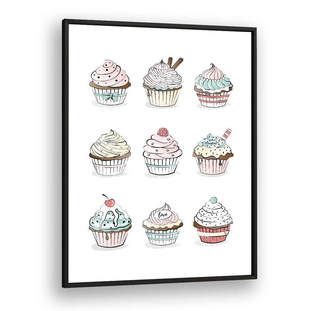 Cupcakes by Martina Kitchen Art Prints in Black Plain Frame