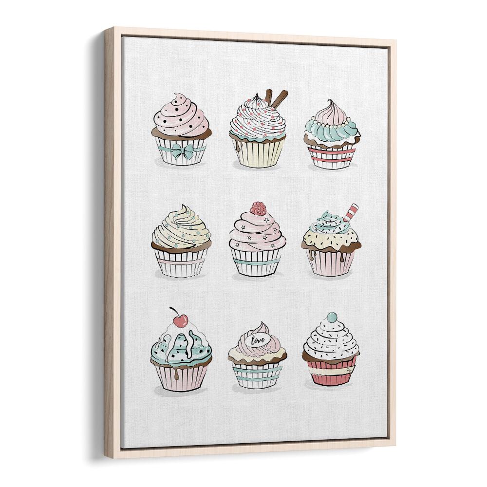 Cupcakes by Martina Kitchen Art Prints in Oak Wood Floater Frame