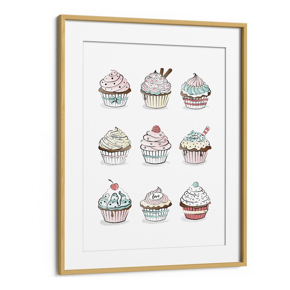 Cupcakes by Martina Kitchen Art Prints in Oak Wood Frame With Mount