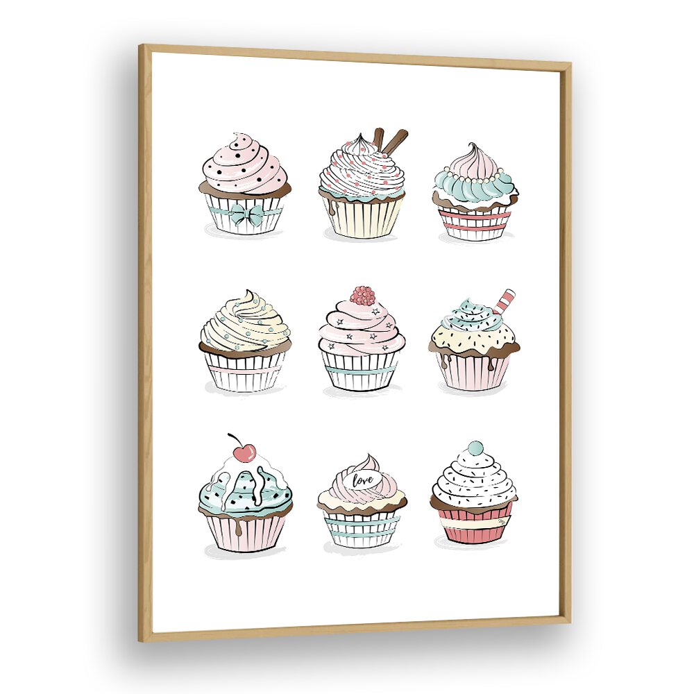 Cupcakes by Martina Kitchen Art Prints in Oak Wood Plain Frame