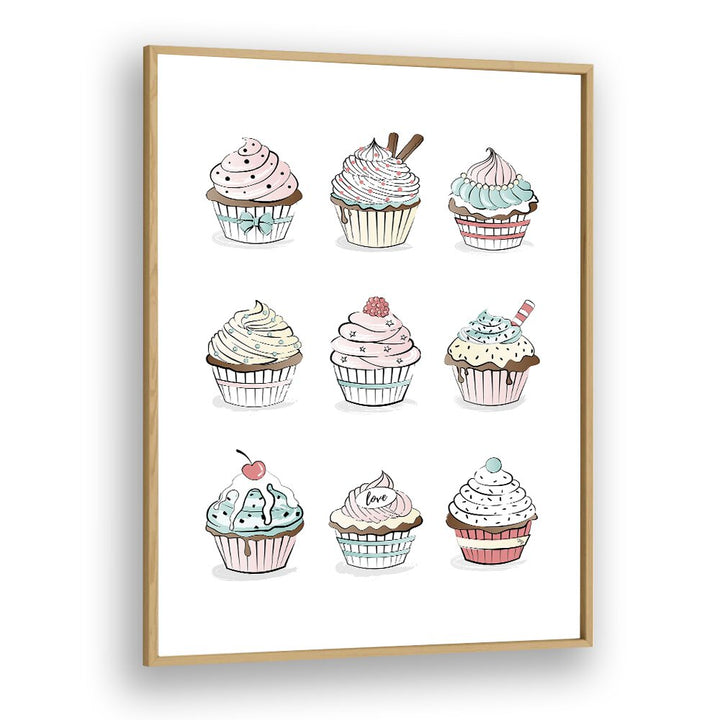 Cupcakes by Martina Kitchen Art Prints in Oak Wood Plain Frame