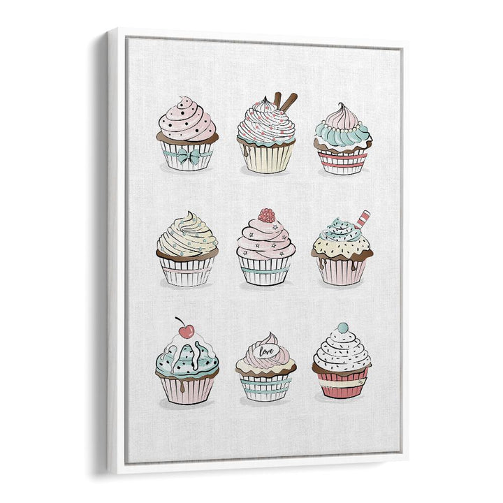 Cupcakes by Martina Kitchen Art Prints in White Floater Frame