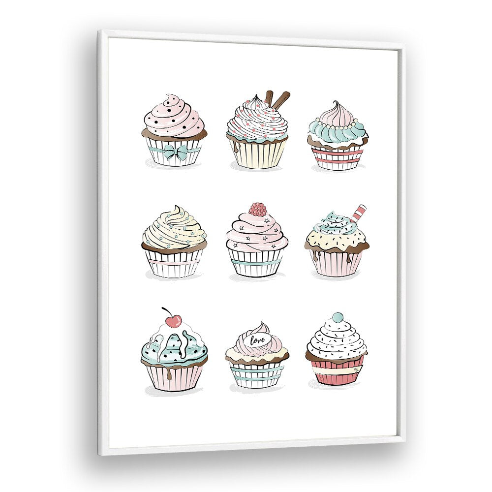 Cupcakes by Martina Kitchen Art Prints in White Plain Frame