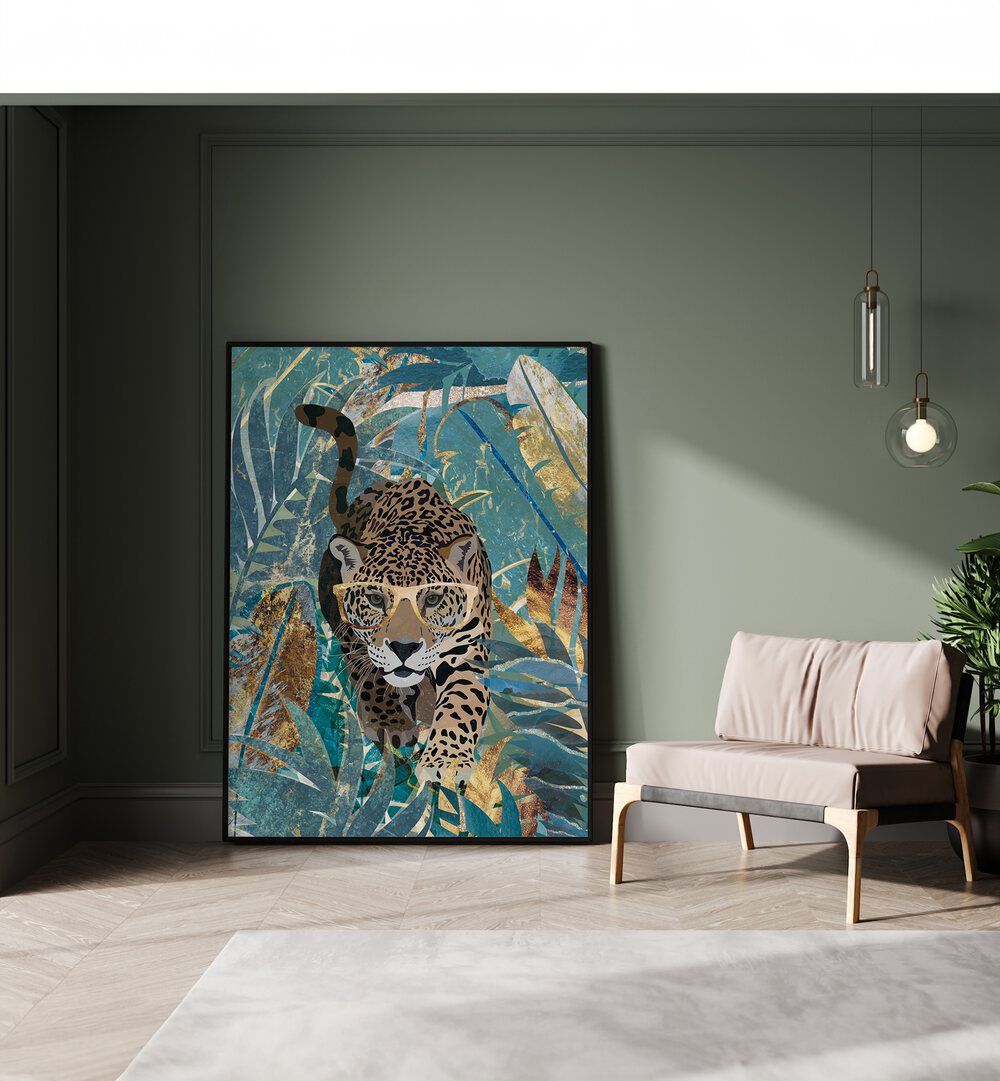 Curious Jaguar in the Rainforest By Sarah Manovski Wildlife Paintings placed on wall 