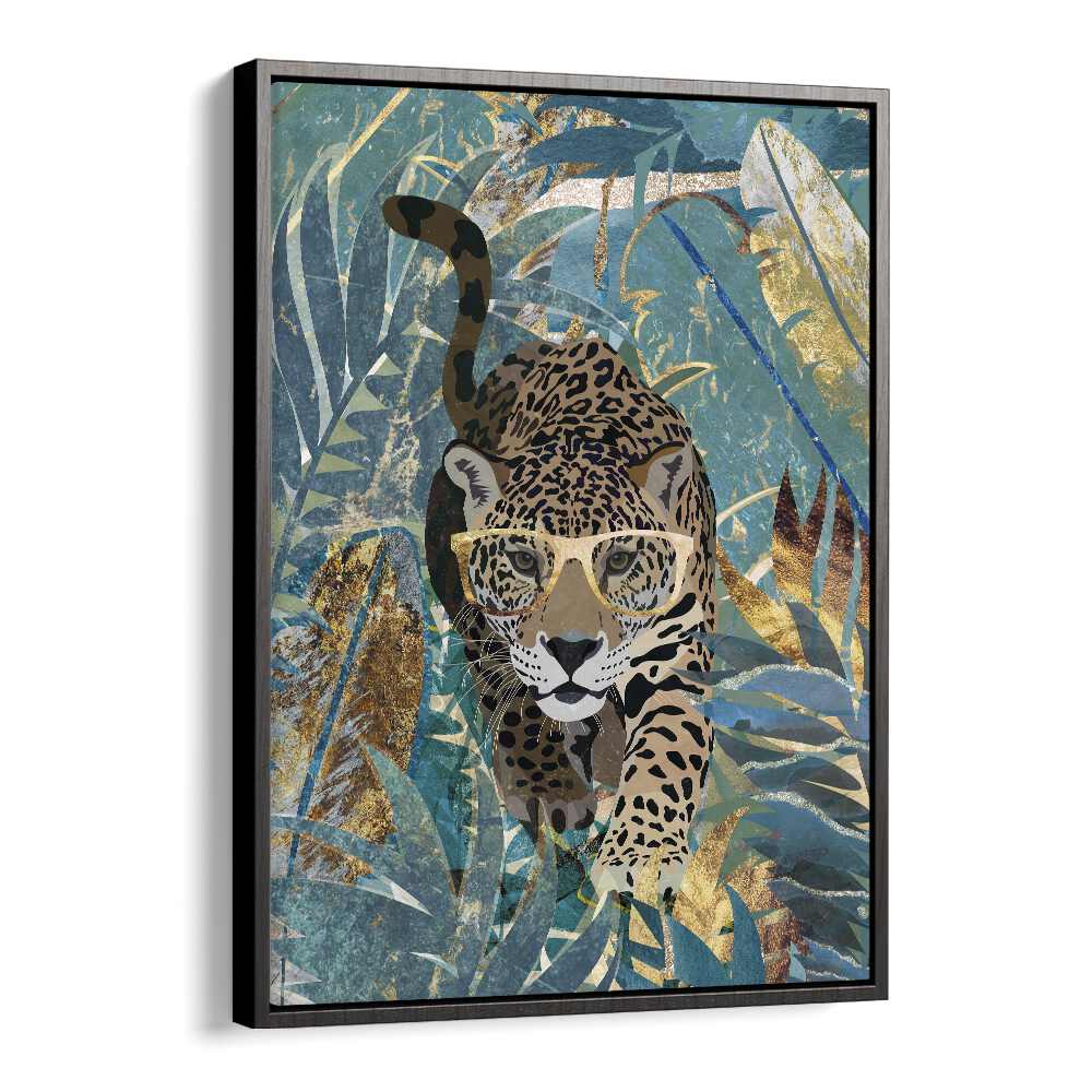 Curious Jaguar in the Rainforest By Sarah Manovski Wildlife Paintings in Black Floater Frame