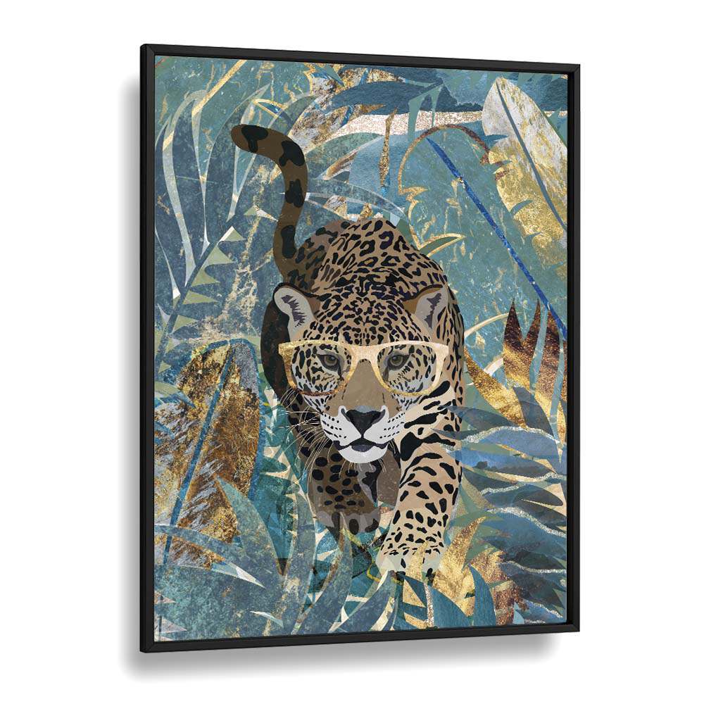 Curious Jaguar in the Rainforest By Sarah Manovski Wildlife Paintings in Black Plain Frame