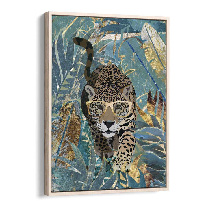 Curious Jaguar in the Rainforest By Sarah Manovski Wildlife Paintings in Oak Wood Floater Frame