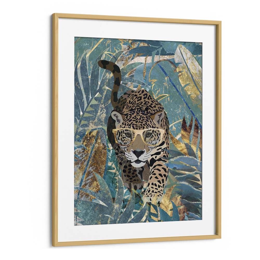 Curious Jaguar in the Rainforest By Sarah Manovski Wildlife Paintings in Oak Wood Frame With Mount