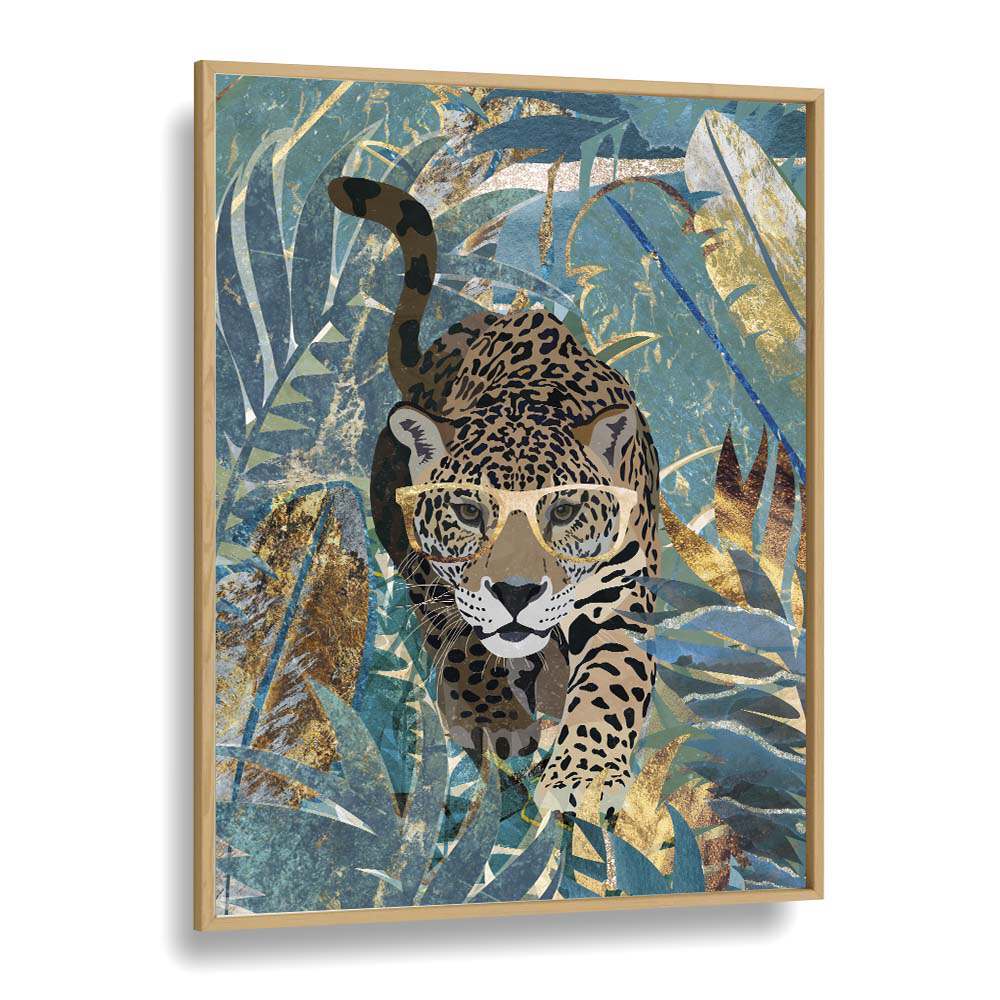 Curious Jaguar in the Rainforest By Sarah Manovski Wildlife Paintings in Oak Wood Plain Frame