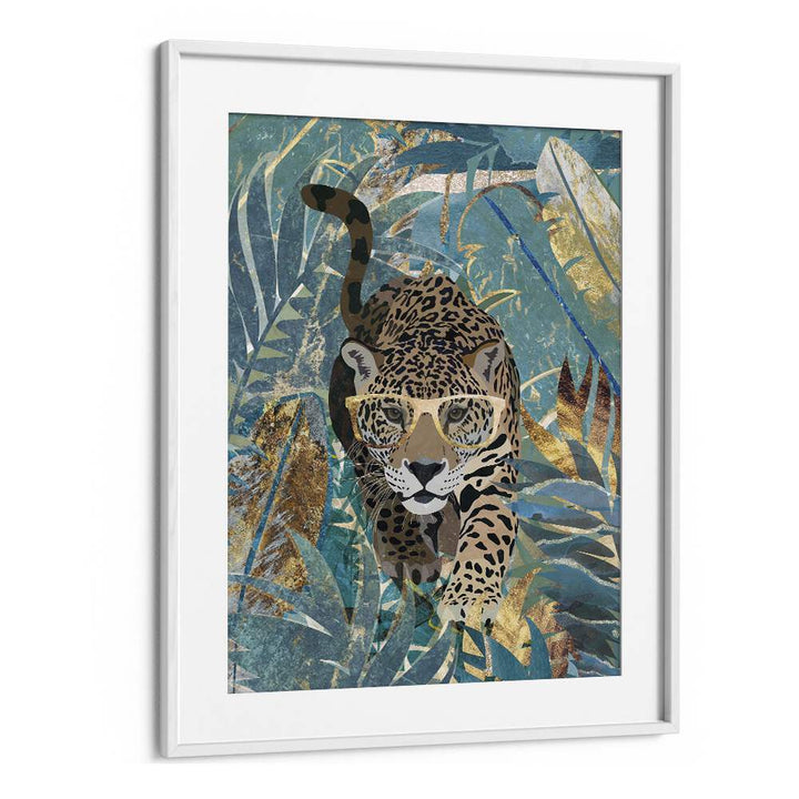 Curious Jaguar in the Rainforest By Sarah Manovski Wildlife Paintings in White Frame With Mount