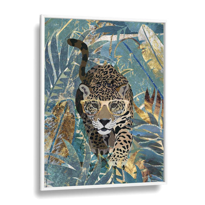 Curious Jaguar in the Rainforest By Sarah Manovski Wildlife Paintings in White Plain Frame