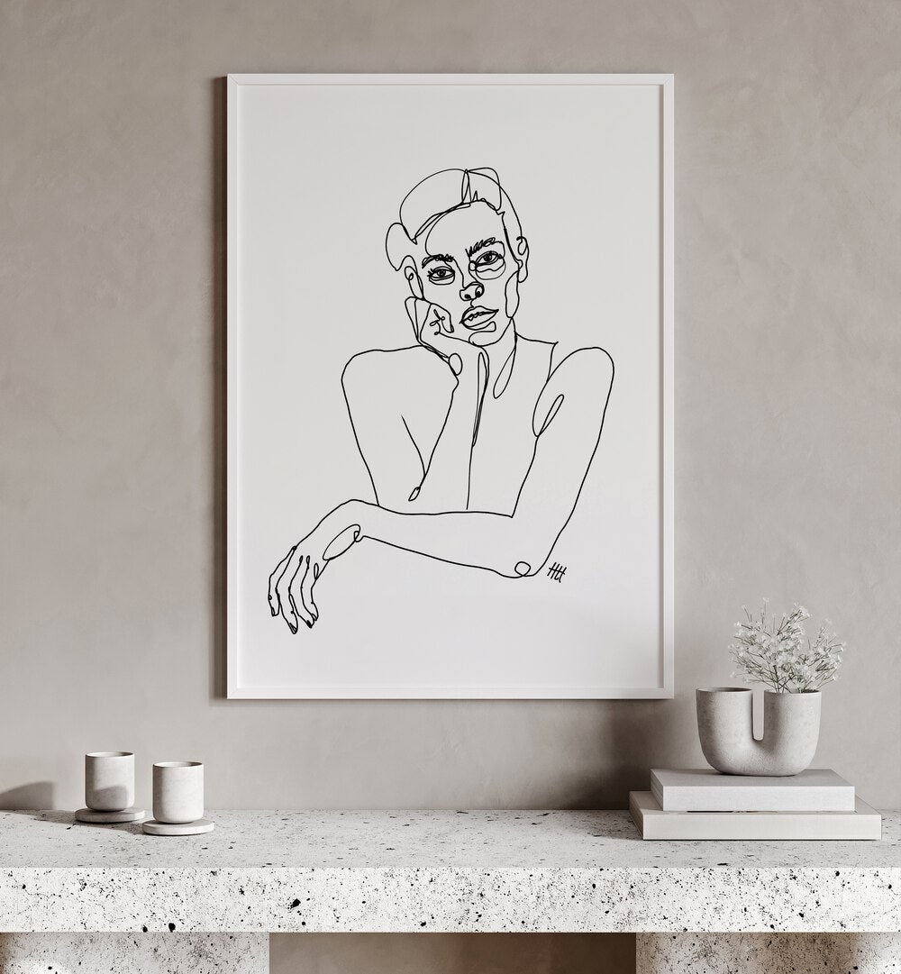 Curious by Hanna Lee Tidd Line Art Paintings Line Art Prints in White Plain Frame placed on a wall behind a table