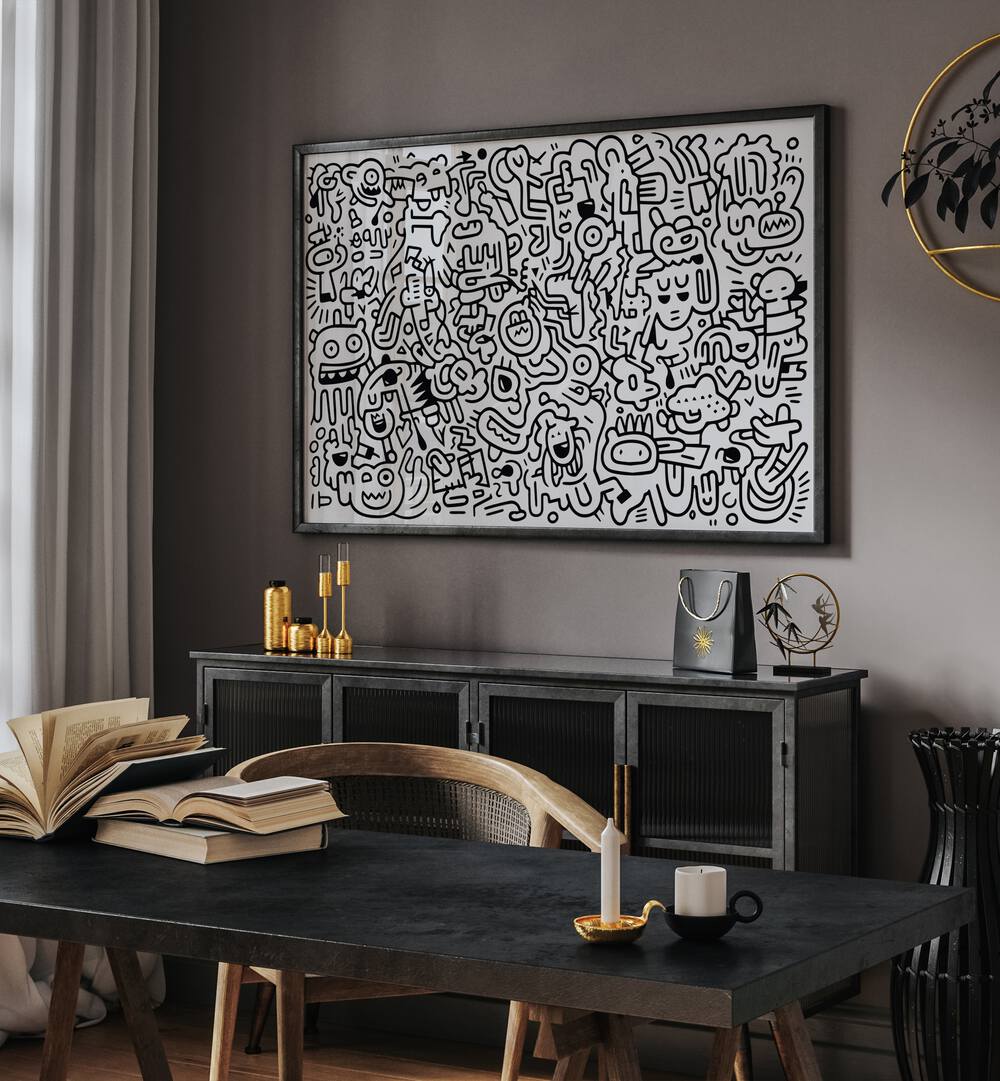 Curlicue Creations  Doodle Art Painting in Black Plain Frame it is placed on wall behind the table.