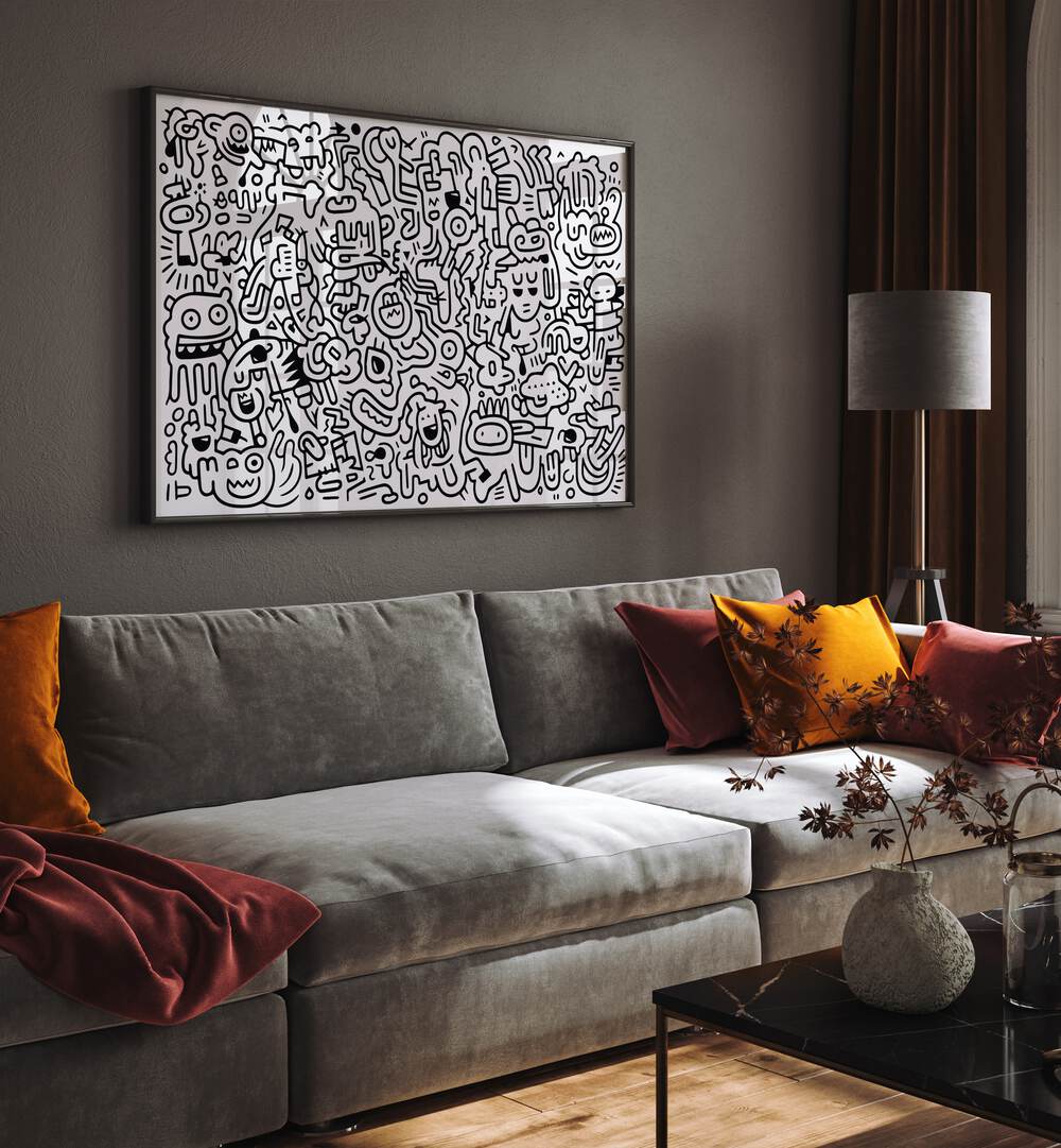 Curlicue Creations  Doodle Art Painting in Black Plain Frame it is placed on the wall behind the sofa.