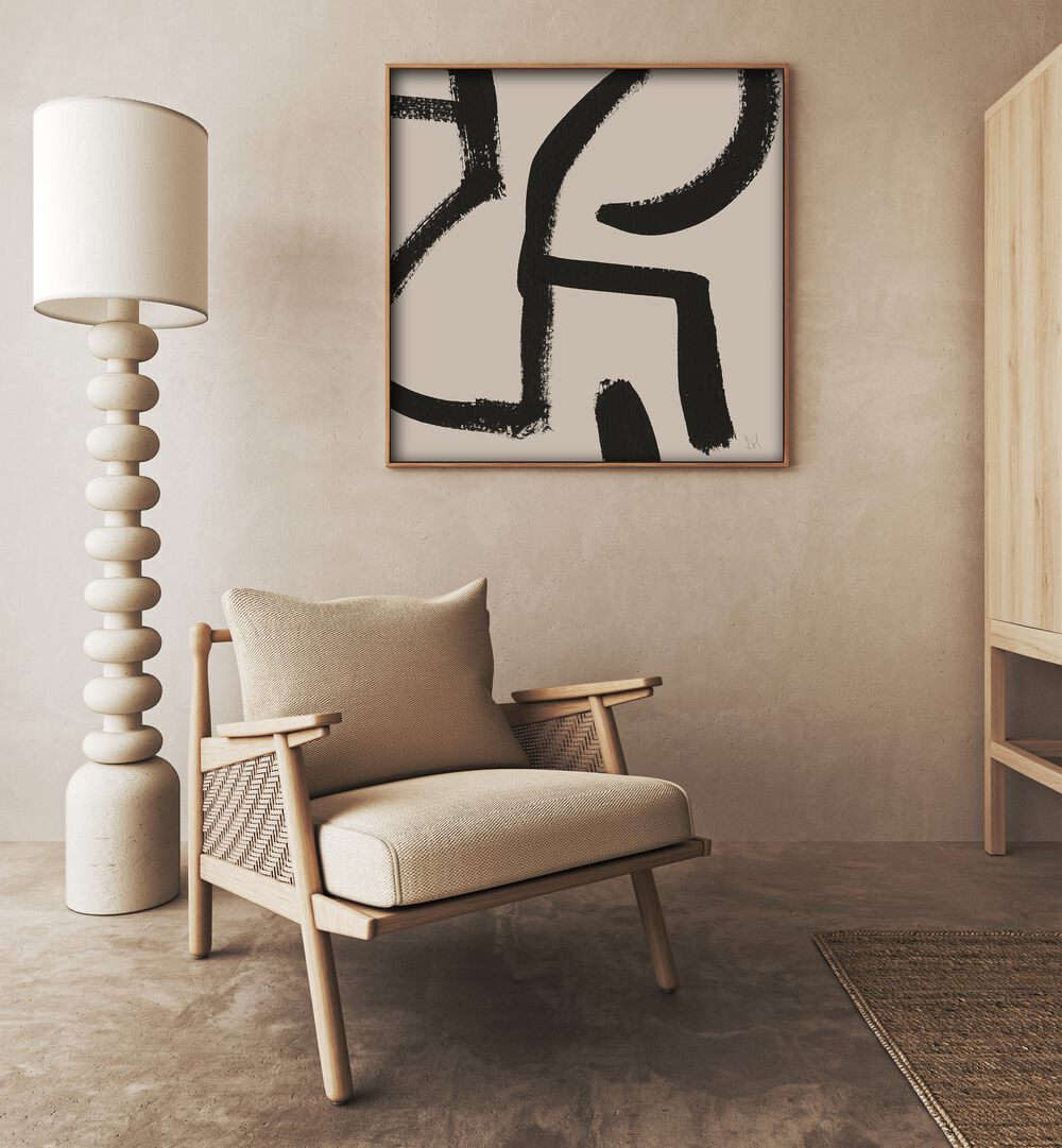 Curvy Lines No II By Dan Hobday Abstract Art Abstract Paintings in Oak Wood Plain Frame placed on a Beige Colored Wall in the Drawing Room