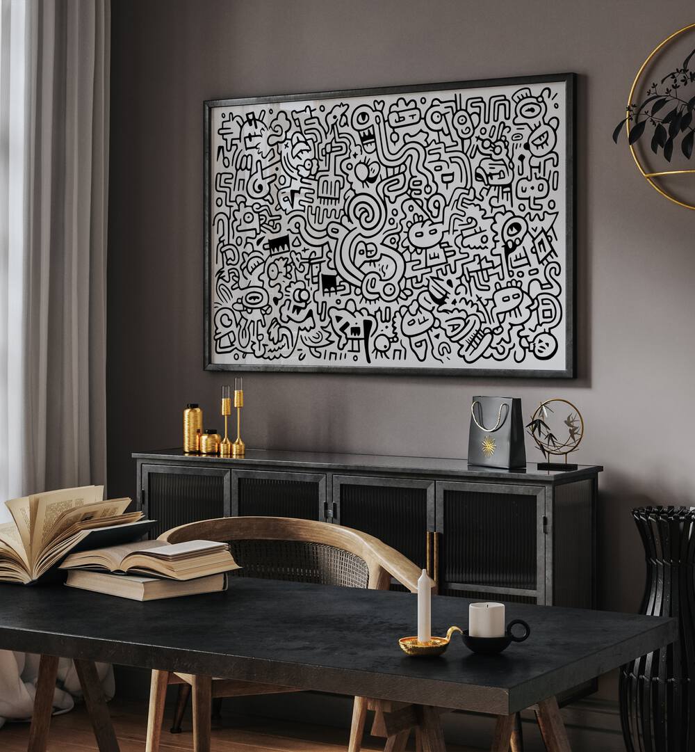 Curvy Crazy Doodle Art Painting in Black Plain Frame it is placed on the wall behind the black table.