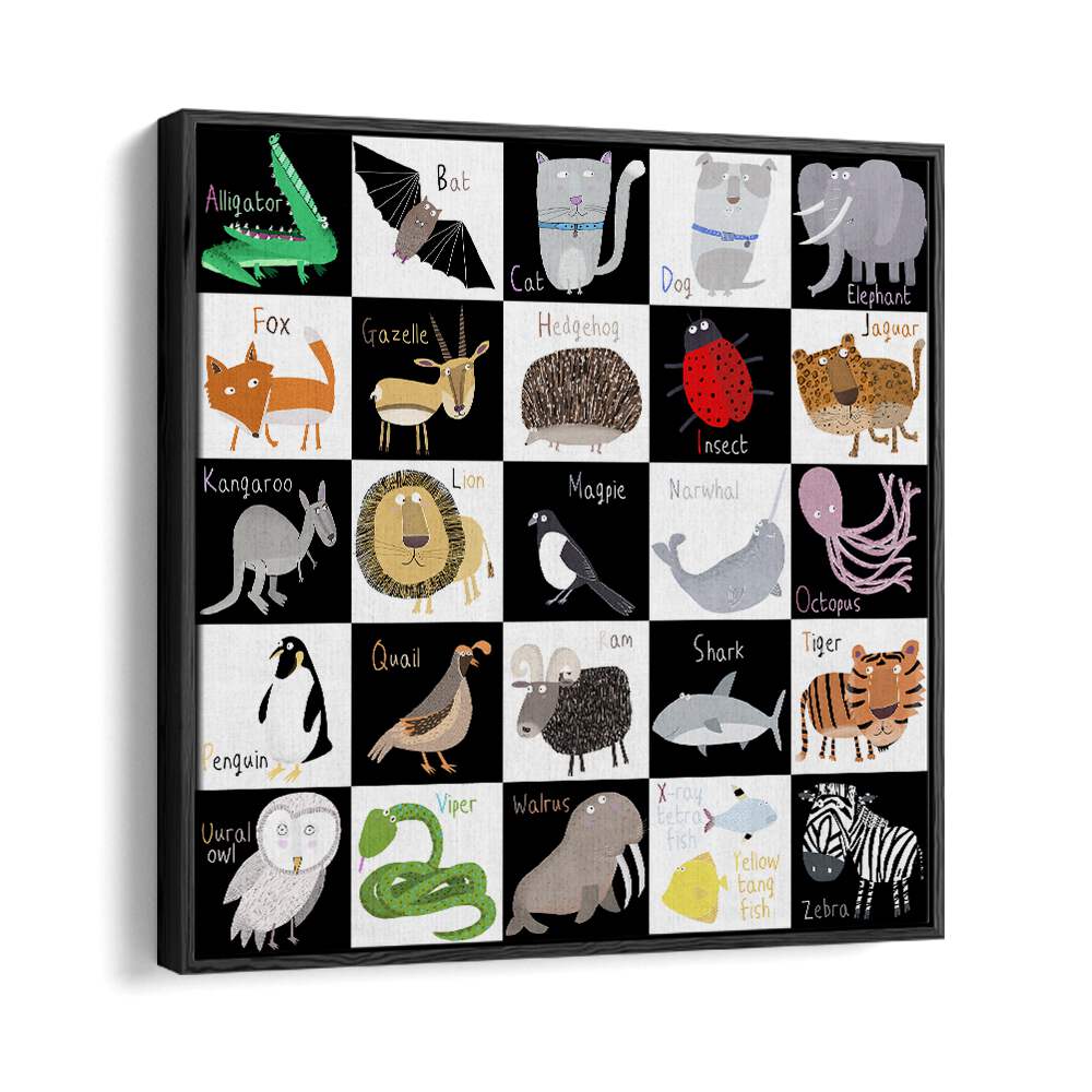 Cute Animal Alphabet With Black White Background By Carla Daly Kids Painting in Black Floater Frame