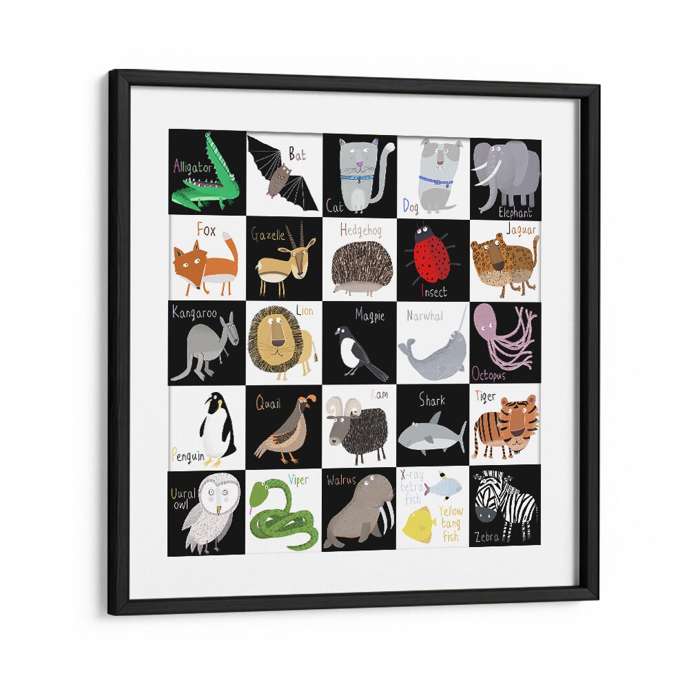 Cute Animal Alphabet With Black White Background By Carla Daly Kids Painting in Black Frame With Mount