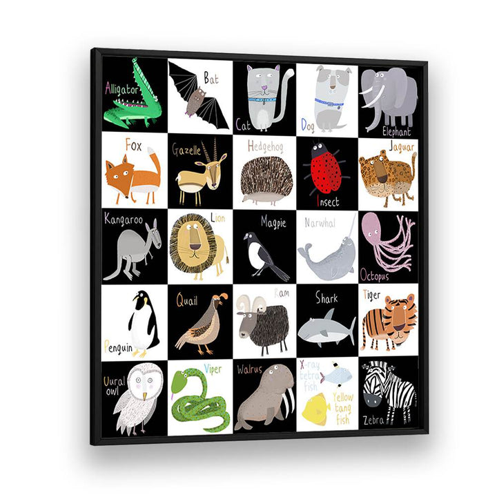 Cute Animal Alphabet With Black White Background By Carla Daly Kids Painting in Black Plain Frame