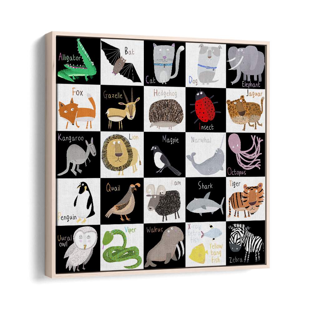 Cute Animal Alphabet With Black White Background By Carla Daly Kids Painting in Oak Wood Floater Frame