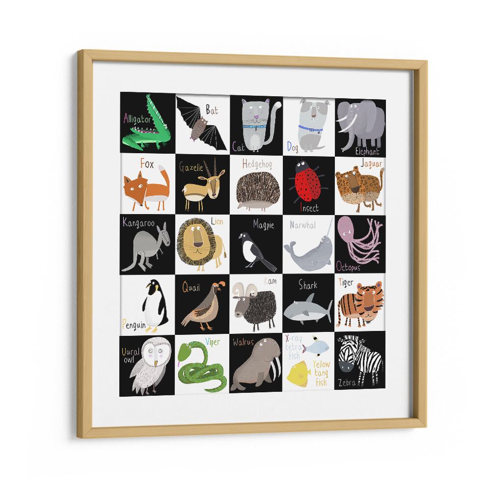 Cute Animal Alphabet With Black White Background By Carla Daly Kids Painting in Oak Wood Frame With Mount