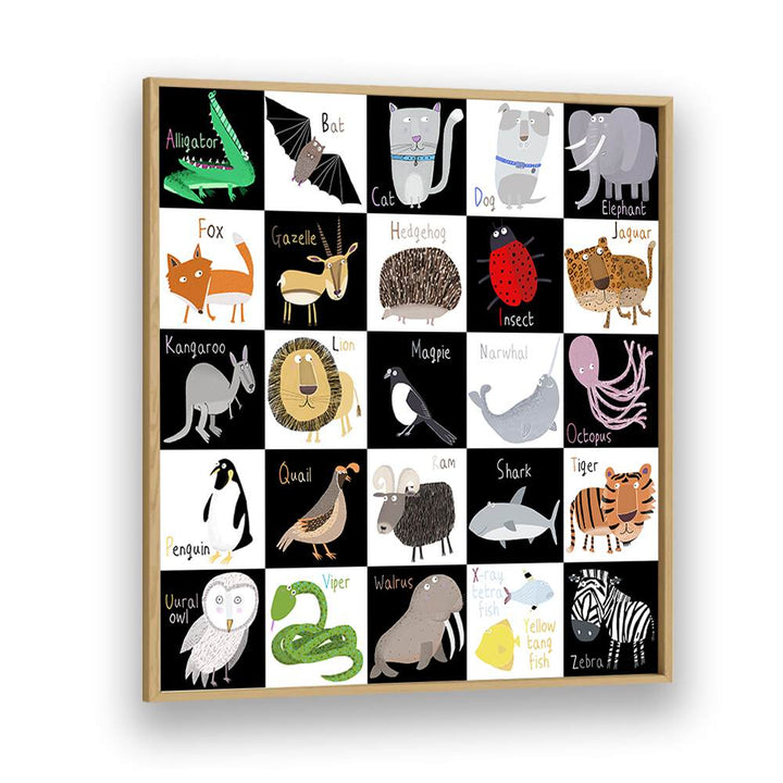 Cute Animal Alphabet With Black White Background By Carla Daly Kids Painting in Oak Wood Plain Frame