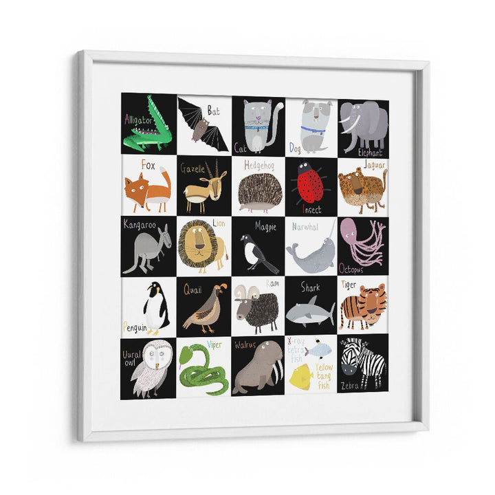 Cute Animal Alphabet With Black White Background By Carla Daly Kids Painting in White Frame With Mount