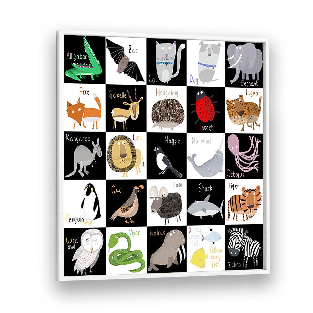 Cute Animal Alphabet With Black White Background By Carla Daly Kids Painting in White Plain Frame