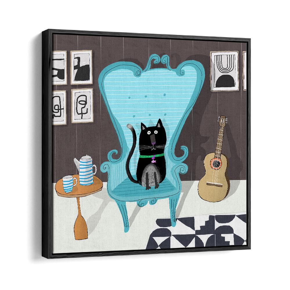 Cute Black Cat Sitting On Blue Armchair By Carla Daly Kids Painting in Black Floater Frame