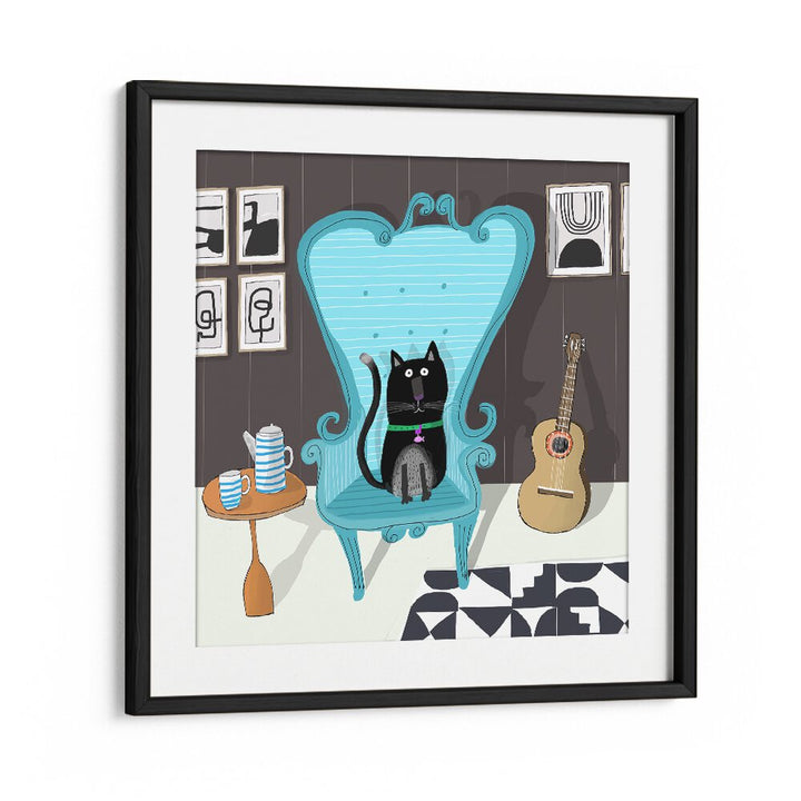 Cute Black Cat Sitting On Blue Armchair By Carla Daly Kids Painting in Black Frame With Mount