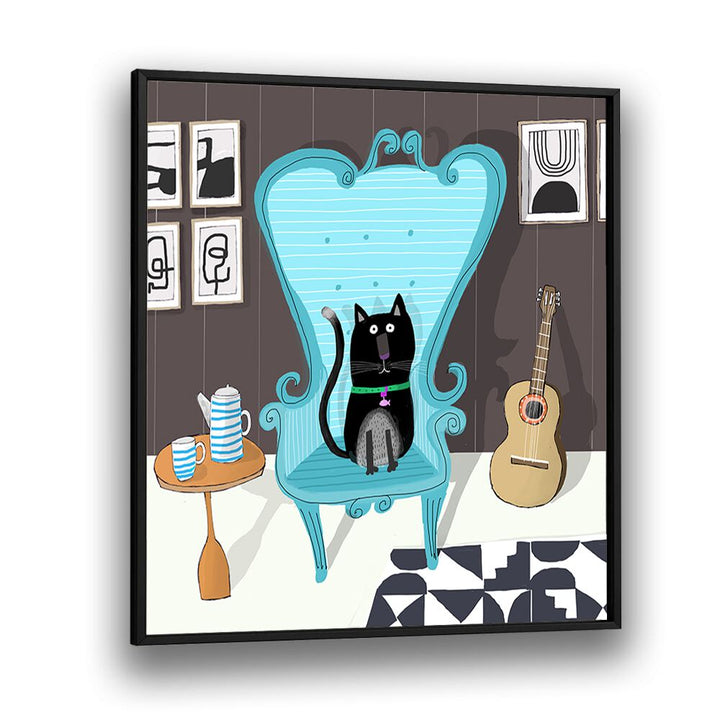 Cute Black Cat Sitting On Blue Armchair By Carla Daly Kids Painting in Black Plain Frame