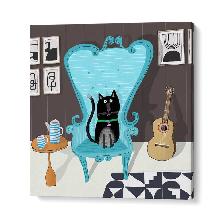 Cute Black Cat Sitting On Blue Armchair By Carla Daly Kids Painting in Gallery Wrap