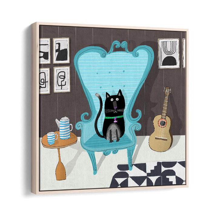 Cute Black Cat Sitting On Blue Armchair By Carla Daly Kids Painting in Oak Wood Floater Frame