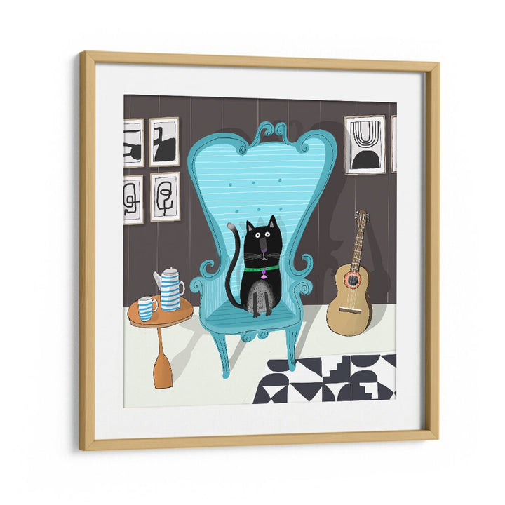 Cute Black Cat Sitting On Blue Armchair By Carla Daly Kids Painting in Oak Wood Frame With Mount