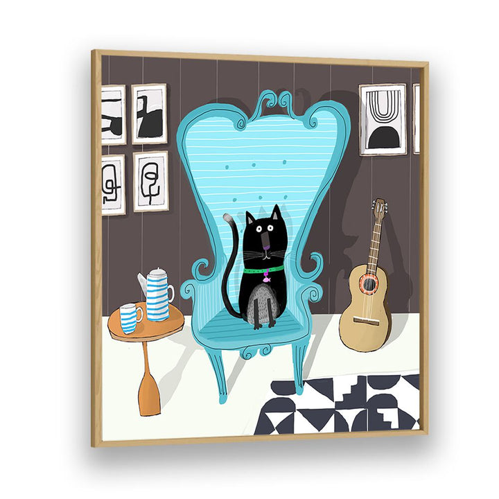 Cute Black Cat Sitting On Blue Armchair By Carla Daly Kids Painting in Oak Wood Plain Frame