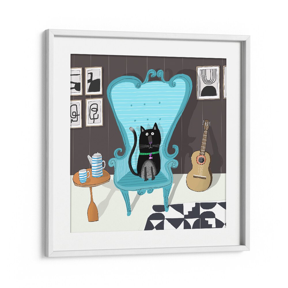 Cute Black Cat Sitting On Blue Armchair By Carla Daly Kids Painting in White Frame With Mount