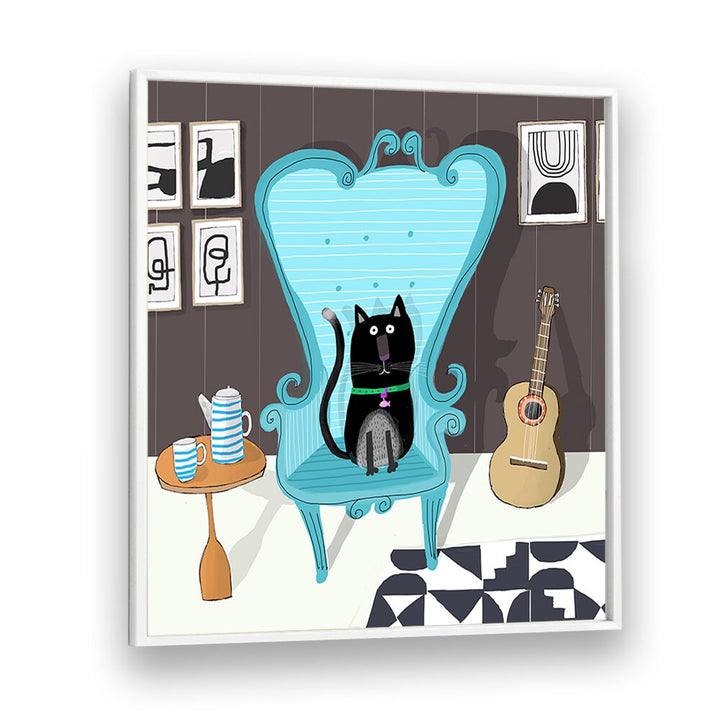 Cute Black Cat Sitting On Blue Armchair By Carla Daly Kids Painting in White Plain Frame