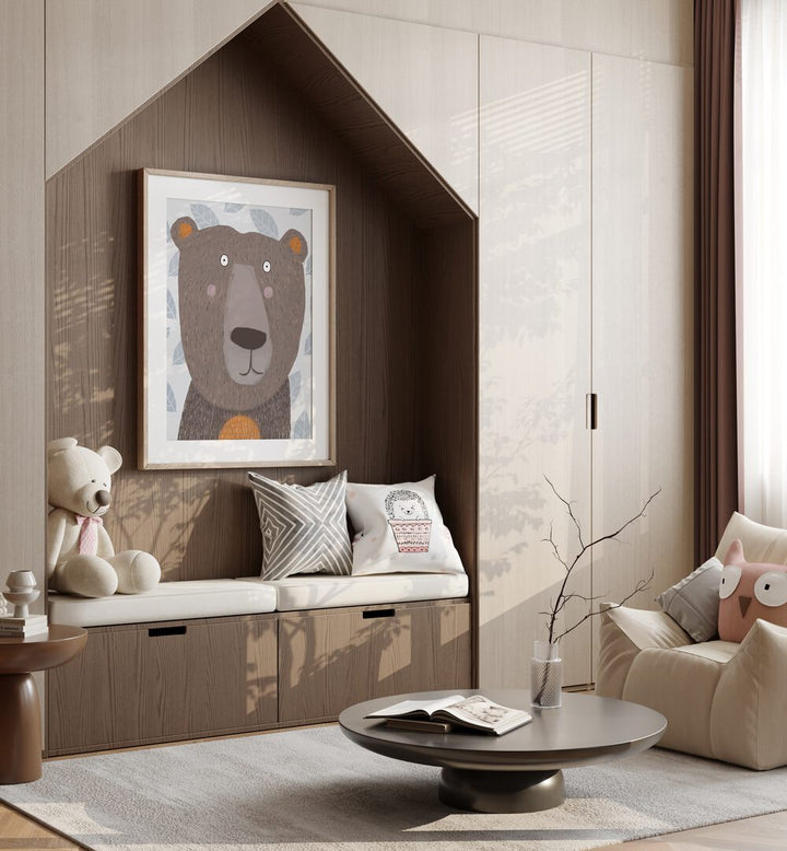 Cute Brown Bear With Grey Leaf Pattern By Carla Daly Kids Room Art  placed on wall