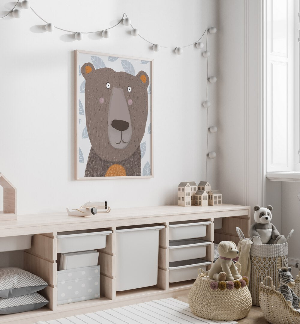 Cute Brown Bear With Grey Leaf Pattern By Carla Daly Kids Room Art  placed on wall