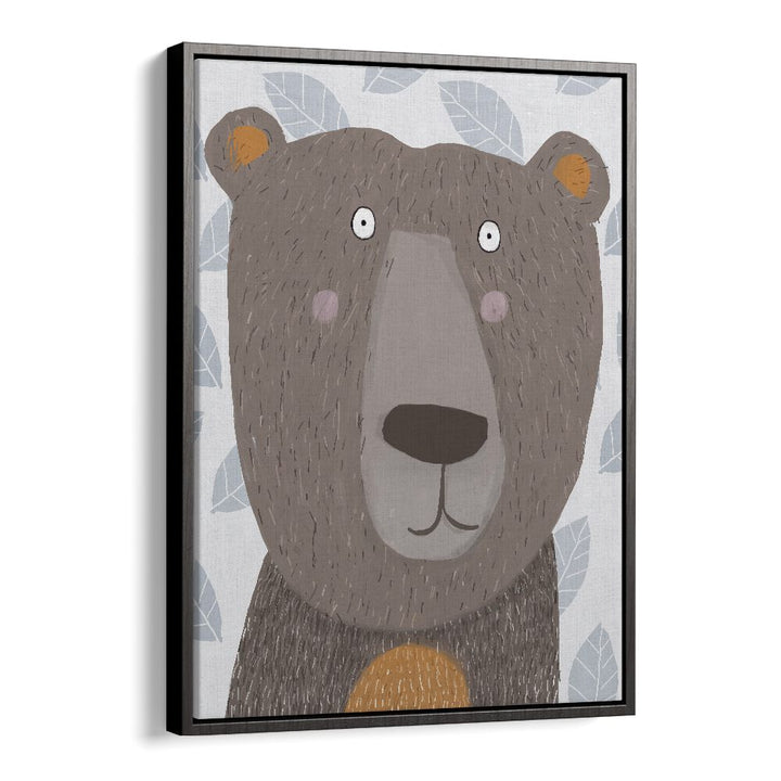 Cute Brown Bear With Grey Leaf Pattern By Carla Daly Kids Room Art in Black Floater Frame