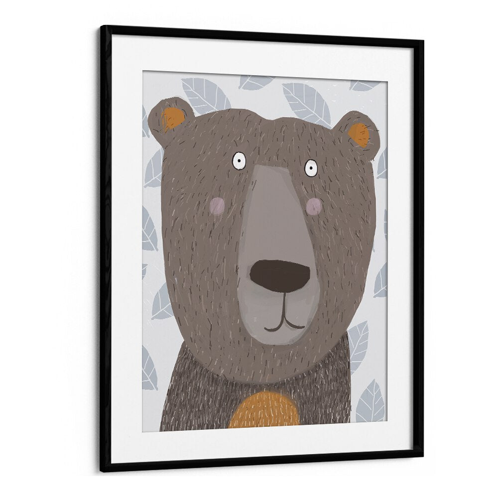 Cute Brown Bear With Grey Leaf Pattern By Carla Daly Kids Room Art in Black Frame With Mount