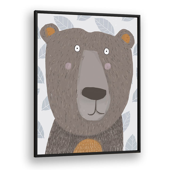 Cute Brown Bear With Grey Leaf Pattern By Carla Daly Kids Room Art in Black Plain Frame