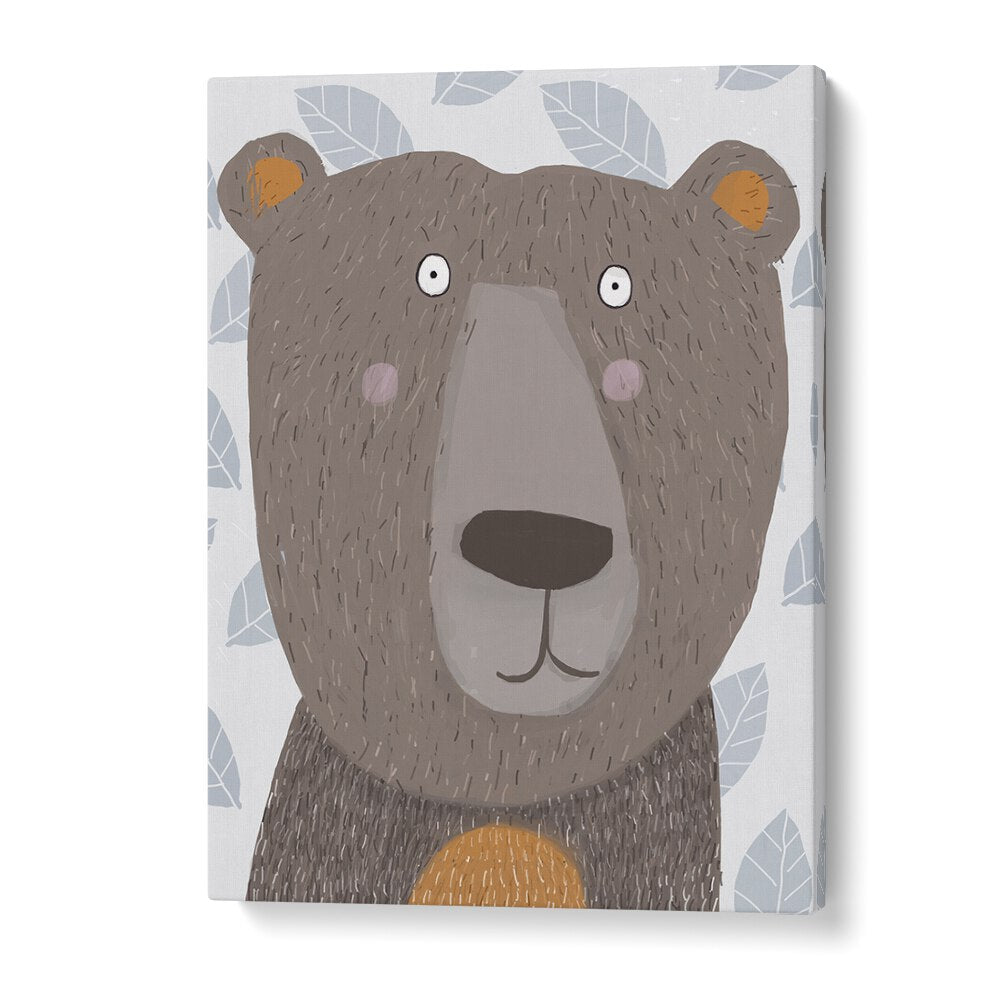 Cute Brown Bear With Grey Leaf Pattern By Carla Daly Kids Room Art in Gallery Wrap