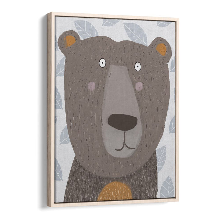 Cute Brown Bear With Grey Leaf Pattern By Carla Daly Kids Room Art in Oak Wood Floater Frame