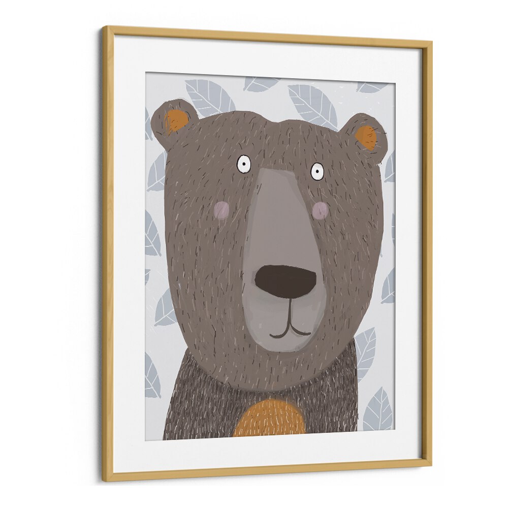 Cute Brown Bear With Grey Leaf Pattern By Carla Daly Kids Room Art in Oak Wood Frame With Mount