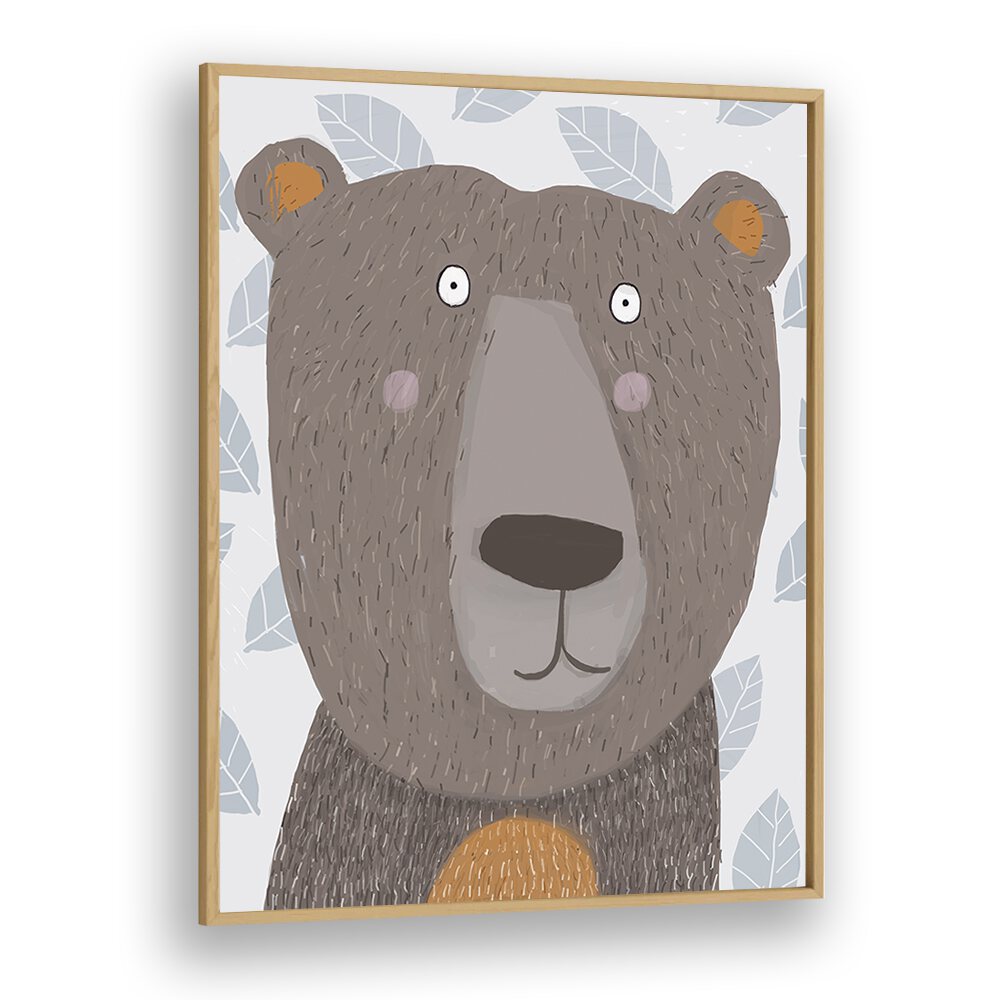 Cute Brown Bear With Grey Leaf Pattern By Carla Daly Kids Room Art in Oak Wood Plain Frame