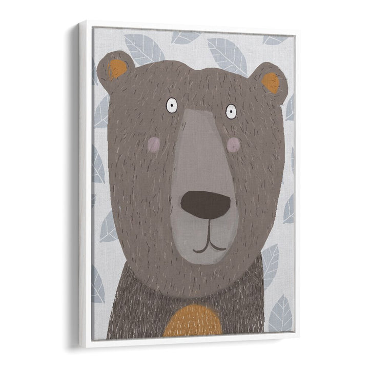 Cute Brown Bear With Grey Leaf Pattern By Carla Daly Kids Room Art in White Floater Frame