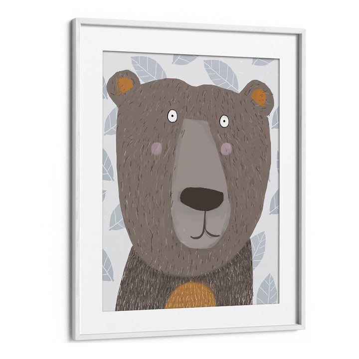 Cute Brown Bear With Grey Leaf Pattern By Carla Daly Kids Room Art in White Frame With Mount